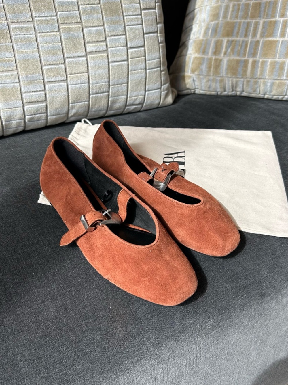 Zara Rust Suede Mary Jane Flats with Buckle